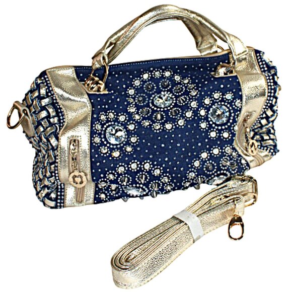 Modoker Silver And Denim Rhinestone Studs Cross Body Shoulder Satchel - Picture 5 of 10